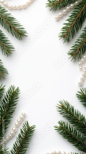 Elegant blank card framed by festive Christmas tree branches and sparkling pearls on a pristine white background for holiday greetings