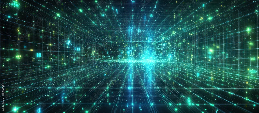Abstract digital landscape with glowing particles.