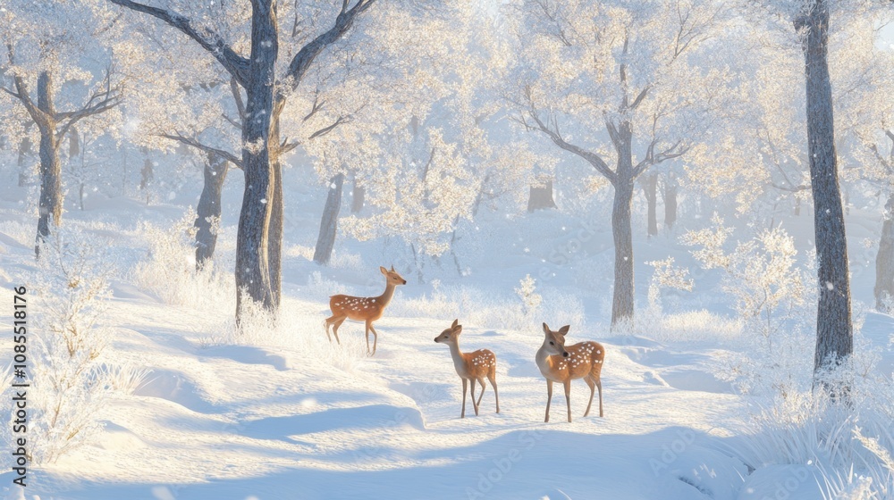 Ethereal Winter Scene with Graceful Deer in Snow-Covered Forest Surrounded by Frosty Trees and Soft, White Snowflakes Forming a Dreamlike Atmosphere Ethereal Winter Scene with Graceful Deer in Snow-Covered Forest Surrounded by Frosty Trees and Soft, White Snowflakes Forming a Dreamlike Atmosphere