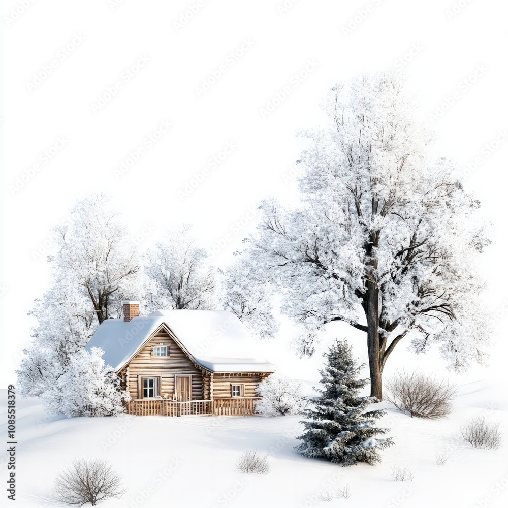 Naklejka premium Winter wonderland cozy log cabin amidst snowy landscape tranquil setting nature photography serene atmosphere