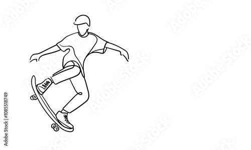 Young cool skateboarder skating in cap, continuous line art drawing isolated on white background. Extreme teenager sport. Vector illustration