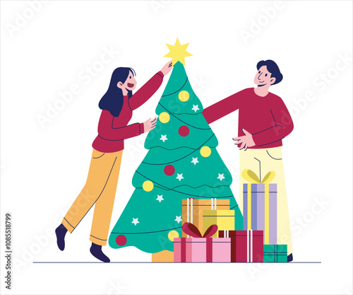 Man and Woman Decorating a Christmas Tree Together. Christmas Activity Concept Illustrations.
