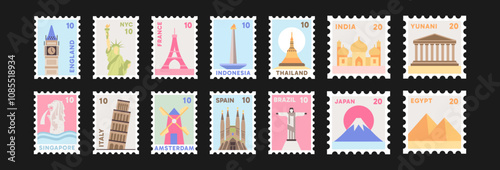 Set of Country Landmark Stamp Illustrations