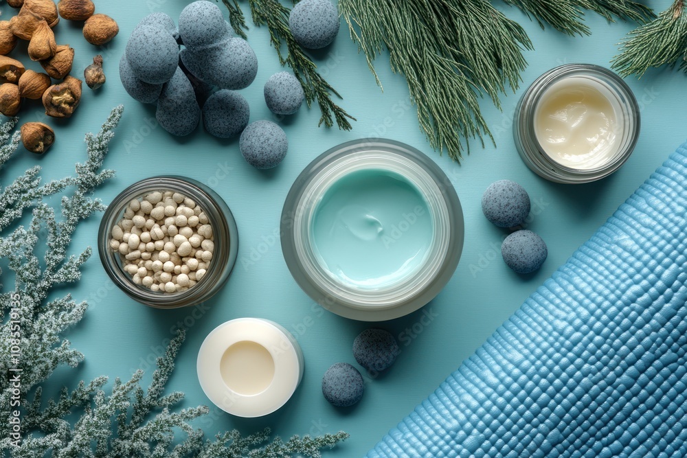 Skincare products and natural elements on display. Skincare products and natural elements on display.