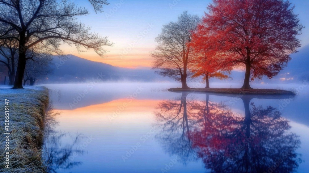Serene Autumn Reflection at Dawn Over Tranquil Lake with Vibrant Red and Golden Trees Surrounded by Mist and Soft Morning Light in a Peaceful Landscape Serene Autumn Reflection at Dawn Over Tranquil Lake with Vibrant Red and Golden Trees Surrounded by Mist and Soft Morning Light in a Peaceful Landscape