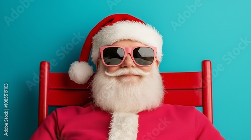 Santa Claus, wearing pink sunglasses, sits on a red chair isolated against a blue background with copy space.
