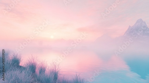 Serene Sunrise Over Misty Lake with Soft Pastel Hues and Subtle Reflections on Calm Water, Surrounded by Grassy Foreground and Majestic Mountains