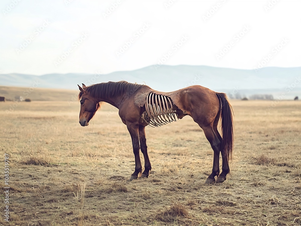 Obraz premium Malnourished Horse Standing in Desolate Drought Stricken Field