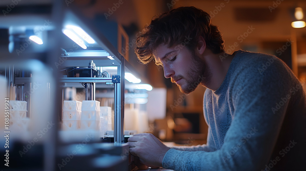 Young innovator working on 3d printing project in modern workshop evening setting creative process focused atmosphere Young innovator working on 3d printing project in modern workshop evening setting creative process focused atmosphere