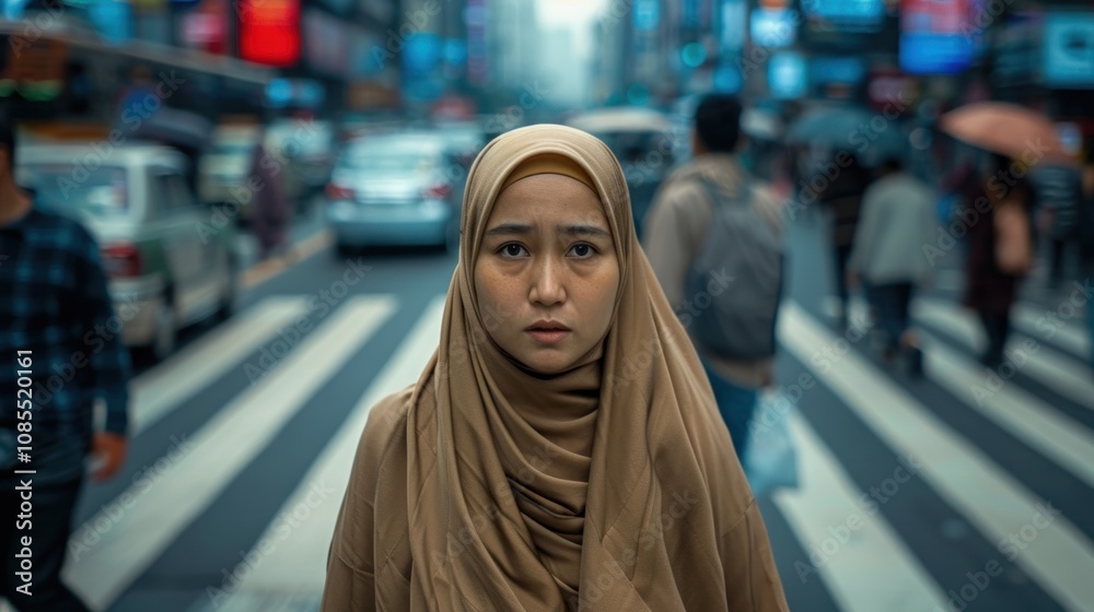 Woman in Hijab Walking on a Busy Street