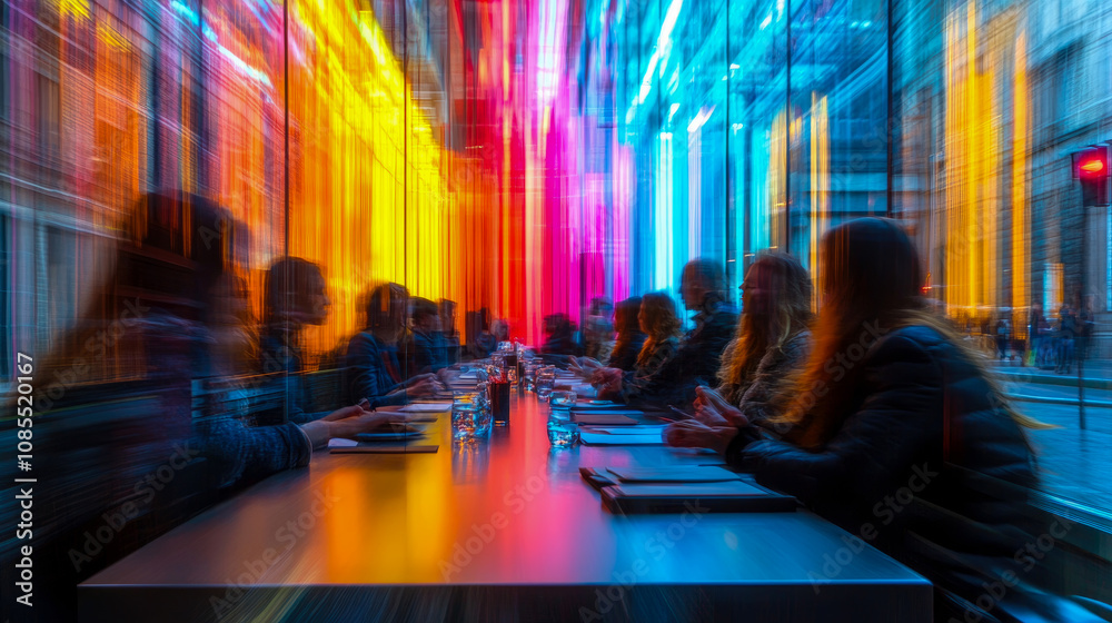 A group of professionals engages in a discussion at a long table surrounded by vibrant colored lights and city reflections at dusk A group of professionals engages in a discussion at a long table surrounded by vibrant colored lights and city reflections at dusk