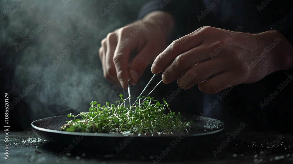 Chef Preparing Gourmet Dish with Microgreens Chef Preparing Gourmet Dish with Microgreens