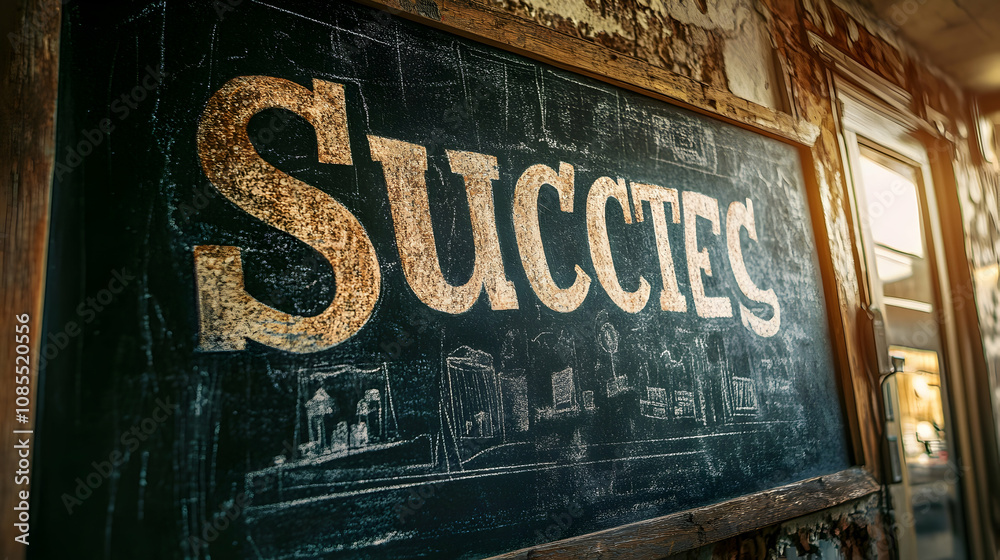 Fototapeta premium Creative success signage urban cafe chalkboard art rustic environment close-up view inspirational concept