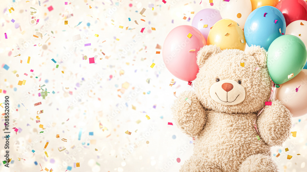A teddy bear is holding a bunch of balloons and surrounded by confetti A teddy bear is holding a bunch of balloons and surrounded by confetti