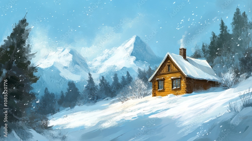 Naklejka premium Cozy Wooden Cabin in Snowy Landscape Surrounded by Majestic Mountains and Pine Trees Under a Clear Blue Sky with Light Snowfall, Perfect for Winter Retreat