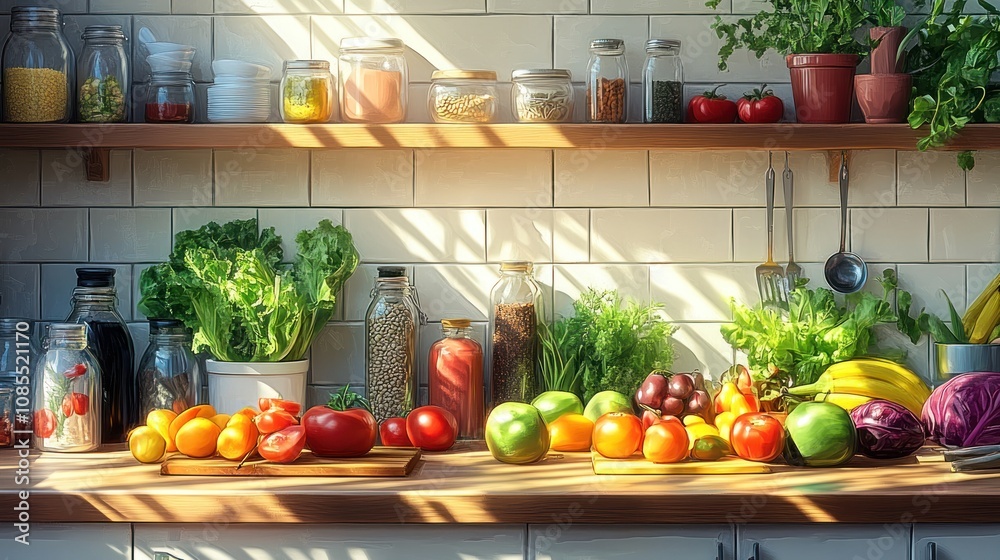 Vibrant kitchen shelf filled with fresh vegetables. Vibrant kitchen shelf filled with fresh vegetables.