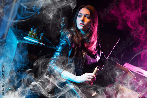 Portrait of vape woman. Gir...