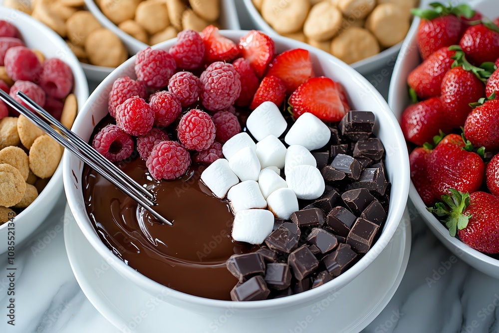 A tempting chocolate fondue bowl surrounded by fresh fruits and sweet treats for a delightful dessert experience. A tempting chocolate fondue bowl surrounded by fresh fruits and sweet treats for a delightful dessert experience.