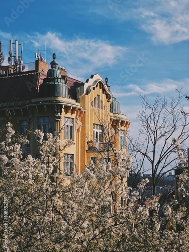 Spring in Vršovice, Prague: Blossoming trees frame a beautiful historical building under a bright blue sky. A blend of natural beauty and charming architecture captures the essence of a Prague spring