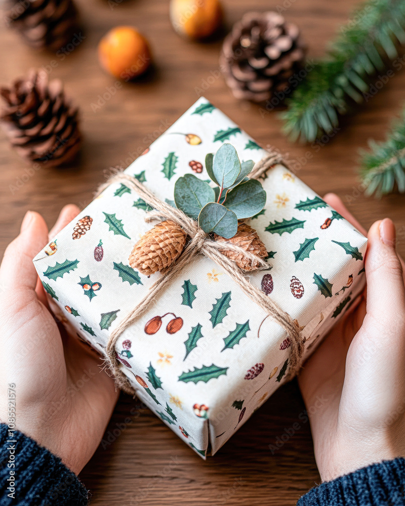 A person is holding a box with a Christmas tree design on it A person is holding a box with a Christmas tree design on it