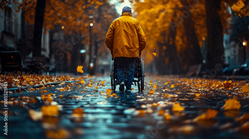 An elderly individual in a yellow raincoat navigates a wheelchair along a wet street, surrounded by vibrant autumn leaves in soft evening light