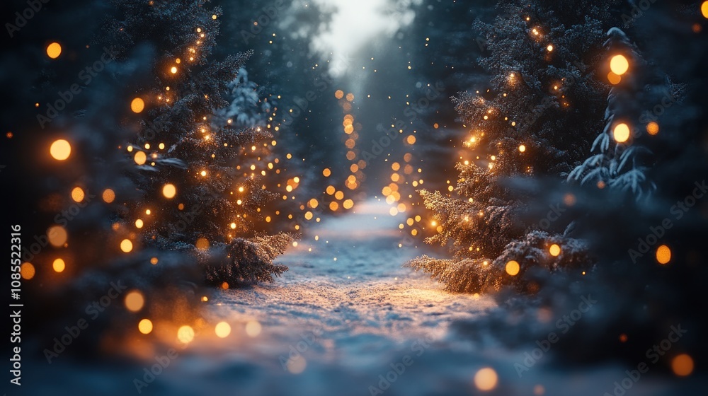 Magical winter pathway illuminated by glowing lights. Magical winter pathway illuminated by glowing lights.