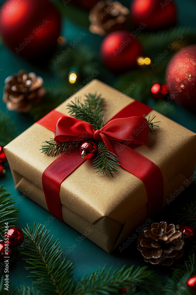 A beautifully wrapped gift is adorned with a red ribbon and greenery, surrounded by shiny ornaments and pine branches, creating a festive atmosphere A beautifully wrapped gift is adorned with a red ribbon and greenery, surrounded by shiny ornaments and pine branches, creating a festive atmosphere
