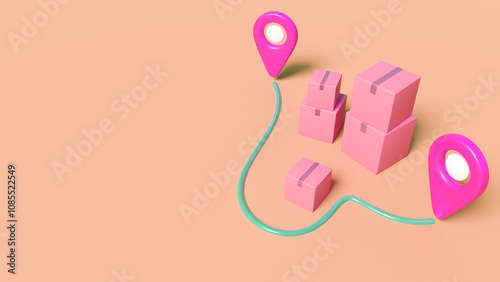 Parcel delivery route. Point A and B are near boxes. Delivery route on pink background. Logistics path for ordering from online store. Courier delivery. Copy space. Transportation, shipment. 3d image