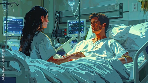 In a hospital room, a nurse adjusts an IV drip while offering comforting words to a patient in bed. The atmosphere is calm and compassionate, with the nurse focused on providing the best care possible photo