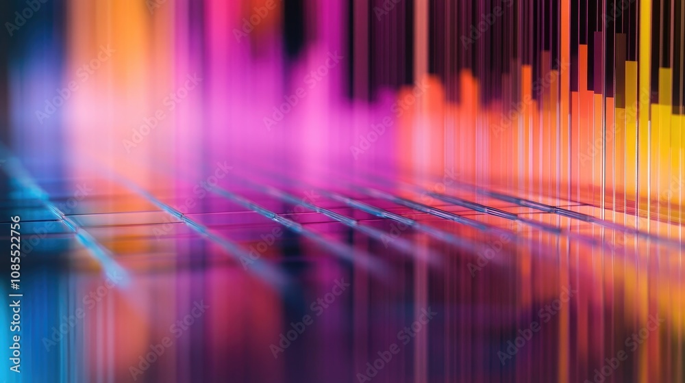Abstract Visual Representation of Colorful Sound Waves with Vibrant Bars and Reflections on a Dark Surface, Illustrating Music and Technology Concepts Abstract Visual Representation of Colorful Sound Waves with Vibrant Bars and Reflections on a Dark Surface, Illustrating Music and Technology Concepts