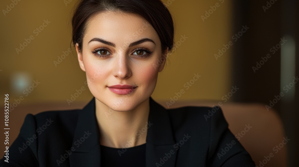 A confident woman in a black blazer sits calmly, showcasing professionalism and poise against a softly blurred background. A confident woman in a black blazer sits calmly, showcasing professionalism and poise against a softly blurred background.