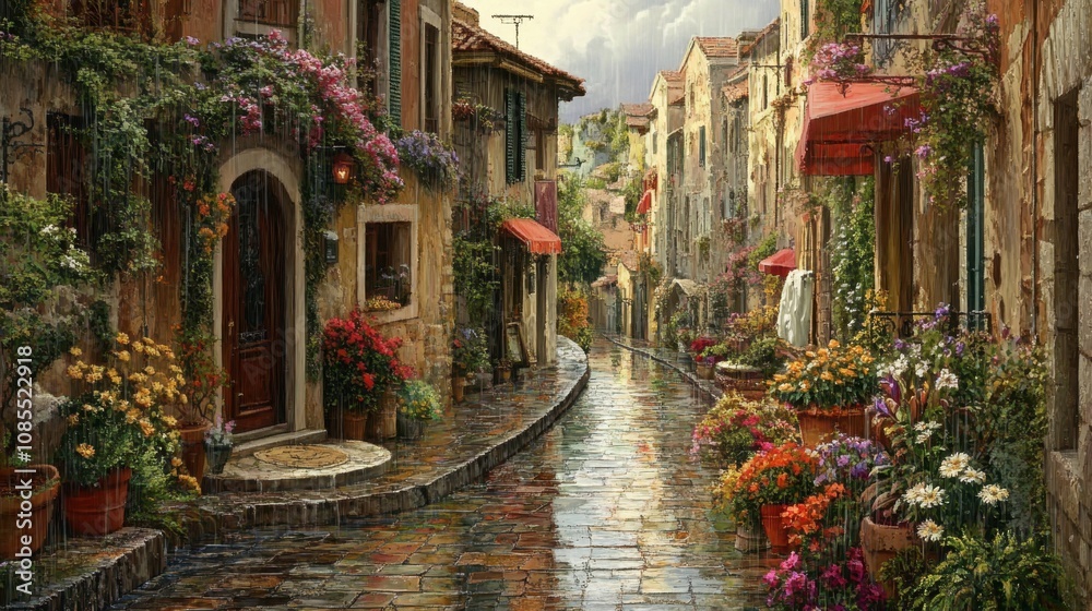 Fototapeta premium Charming European Village Street with Colorful Flower Pots, Quaint Homes, and Rainy Atmosphere Capturing Serenity and Beauty in Nature's Embrace
