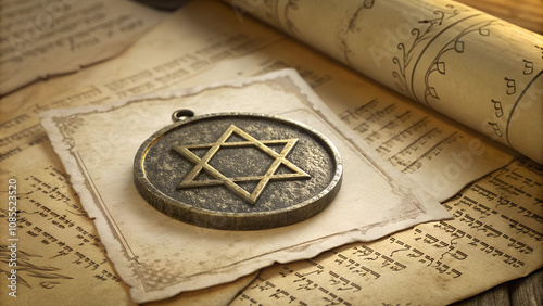 Bronze pendant with Star of David on aged manuscript papers
