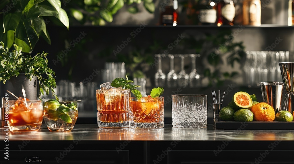 A stylish bar setup with various cocktails and garnishes. A stylish bar setup with various cocktails and garnishes.