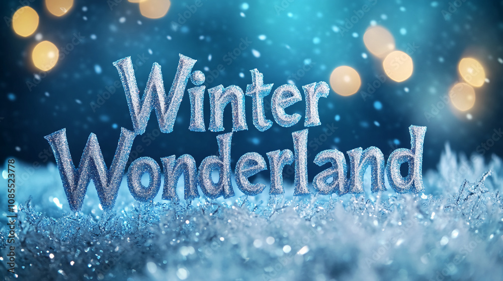 Sparkly, light-blue lettering spelling Winter Wonderland rests on a bed of sparkling frost Sparkly, light-blue lettering spelling Winter Wonderland rests on a bed of sparkling frost