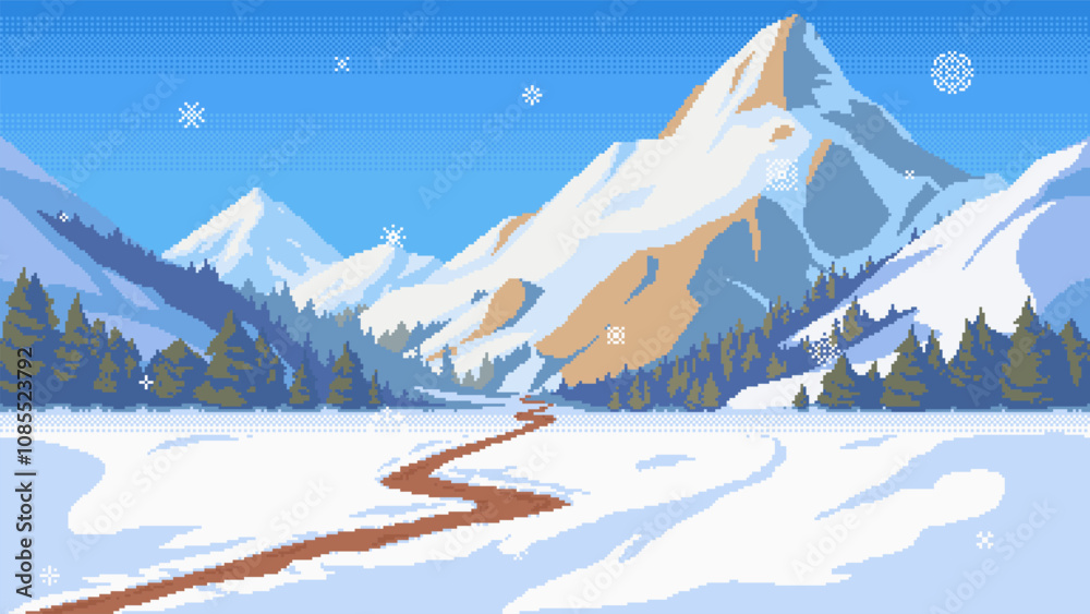 Winter pixel art, sunlit mountain ranges covered with snow. Retro video-game style 16-bit vector illustration.