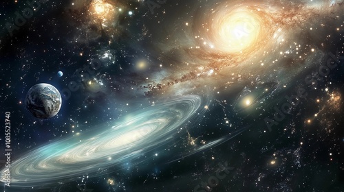 A galaxy with swirling stars and planets, showcasing the vastness of space. In its center is Earth, surrounded by two moons
