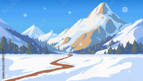 Winter pixel art, sunlit mountain ranges covered with snow. Retro video-game style 16-bit vector illustration.