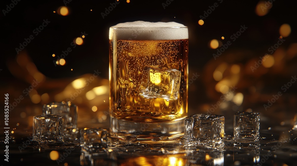 Refreshing Cold Beer with Ice Cubes in a Clear Glass Against a Dark Background with Sparkling Bokeh Highlights and Foam Topping Refreshing Cold Beer with Ice Cubes in a Clear Glass Against a Dark Background with Sparkling Bokeh Highlights and Foam Topping