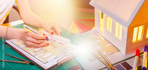 Architect hands at desk. De...