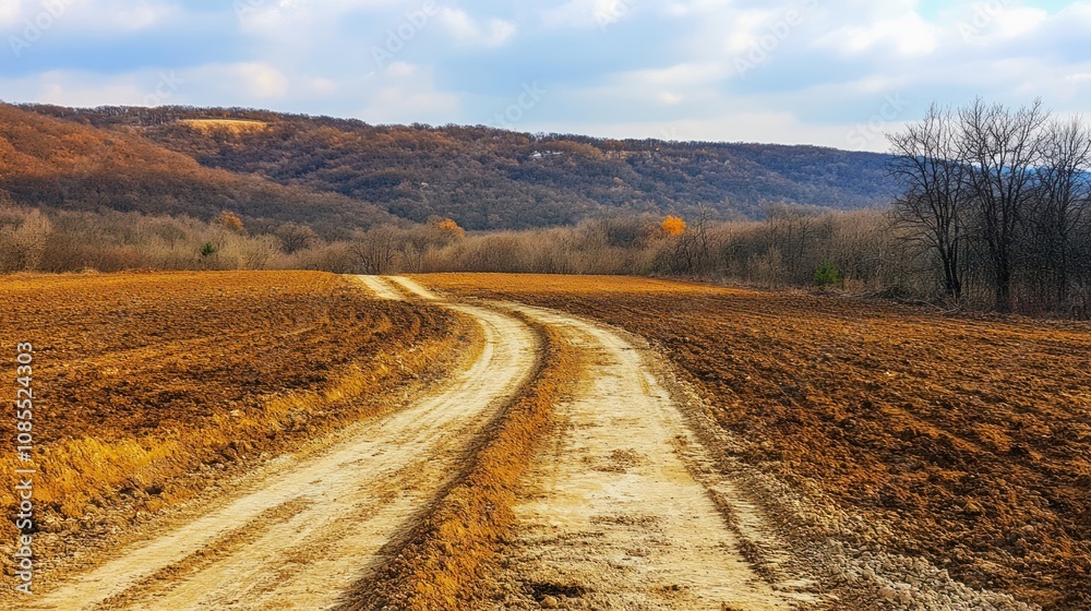 Naklejka premium A winding dirt road through a plowed field with distant hills under a cloudy sky.