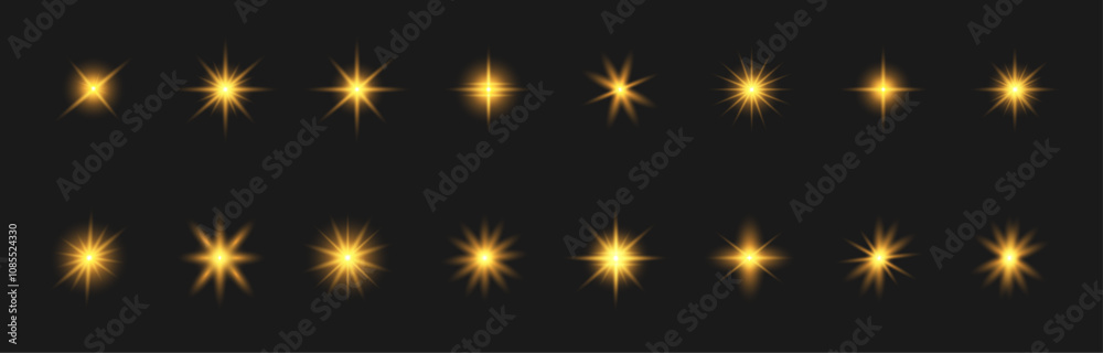 Vector glow sparkle effect. A glitter magic stars spark on a black background. Glow light effect. Flashing lights. Glowing starlight, glitter, explosion, spark—isolated yellow light effects. Vector glow sparkle effect. A glitter magic stars spark on a black background. Glow light effect. Flashing lights. Glowing starlight, glitter, explosion, spark—isolated yellow light effects.