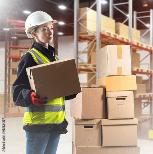 Woman works in warehouse. Girl storage employee. Woman specialist at customs warehouse. Warehouse manager near shelves with boxes. Warehouseman in customs control building. Storeroom, storehouse
