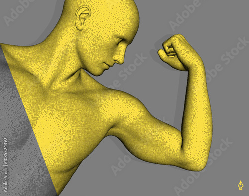 Be strong! Victory and freedom. Strong man. The symbol of sport. Concept of leadership or bodybuilding training. Human body formed from dots. Athlete in steeple style. 3D vector for design.