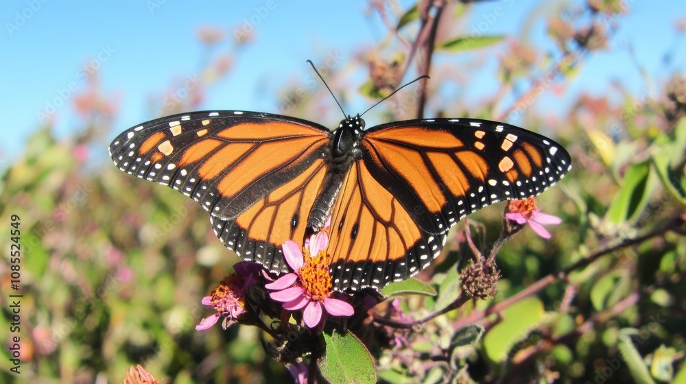 Obraz premium Vibrant Monarch Butterfly Resting on Pink Flower in Sunny Garden Setting Capturing Nature's Beauty and Delicate Fragility of Wildlife