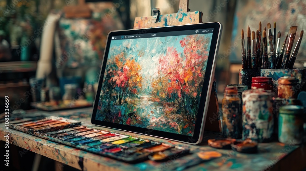 Digital artwork displayed in an artist's studio. Digital artwork displayed in an artist's studio.