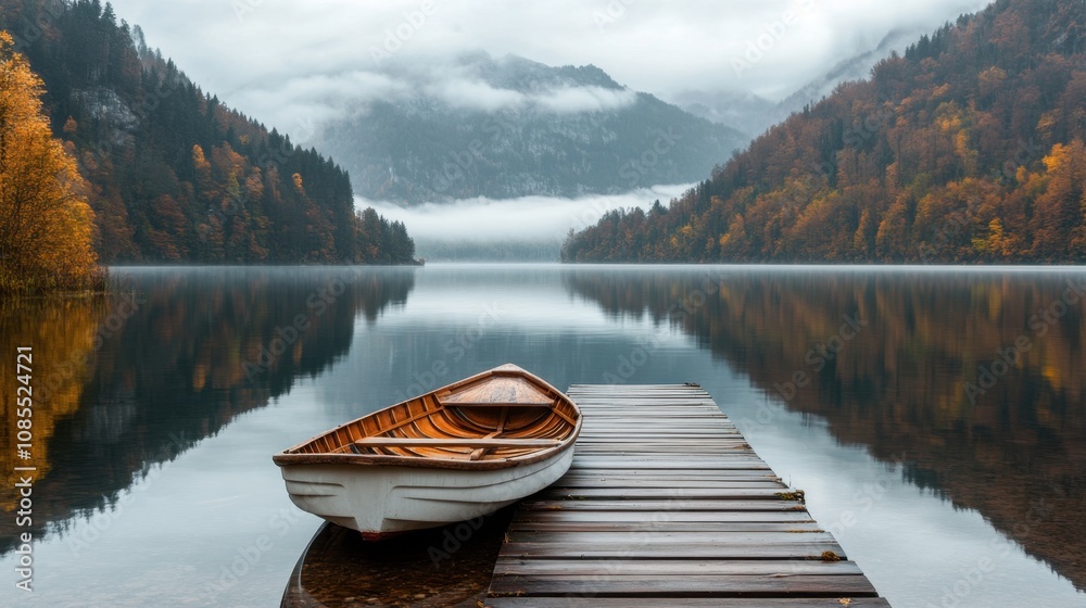 Tranquil Autumn Scene with a Wooden Boat on a Dock Reflecting in a Serene Lake Surrounded by Misty Mountains and Colorful Fall Foliage Tranquil Autumn Scene with a Wooden Boat on a Dock Reflecting in a Serene Lake Surrounded by Misty Mountains and Colorful Fall Foliage