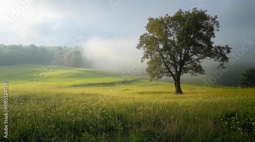 A serene meadow with fog rising, the tree standing tall in front of it, surrounded by lush green grass and vibrant wildflowers, creating an idyllic countryside scene