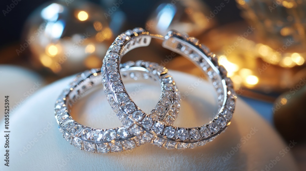 Elegant and Sparkling Silver Hoop Earrings Displayed on a Soft Surface with a Subtle Bokeh Effect and Warm Ambient Lighting Elegant and Sparkling Silver Hoop Earrings Displayed on a Soft Surface with a Subtle Bokeh Effect and Warm Ambient Lighting