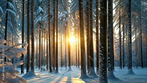 Sunbeams piercing through snowy forest at sunrise. Cold and fairy morning, majestic wonderland. Billboard for Christmas and New Year background. Panorama with copy space.